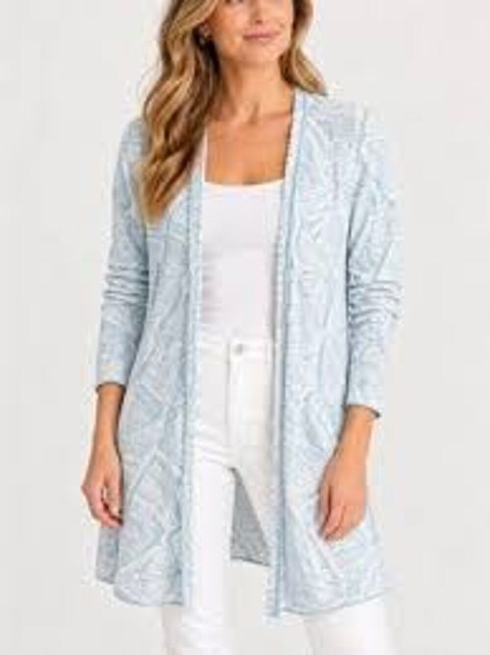J.McLauglin "Marguerite" Blue White Open Long Line Cotton Cardigan Sweater Large